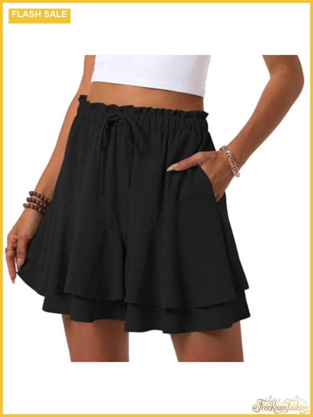 Flowy Ruffle Boho Skorts with Pockets High Waist Polyester